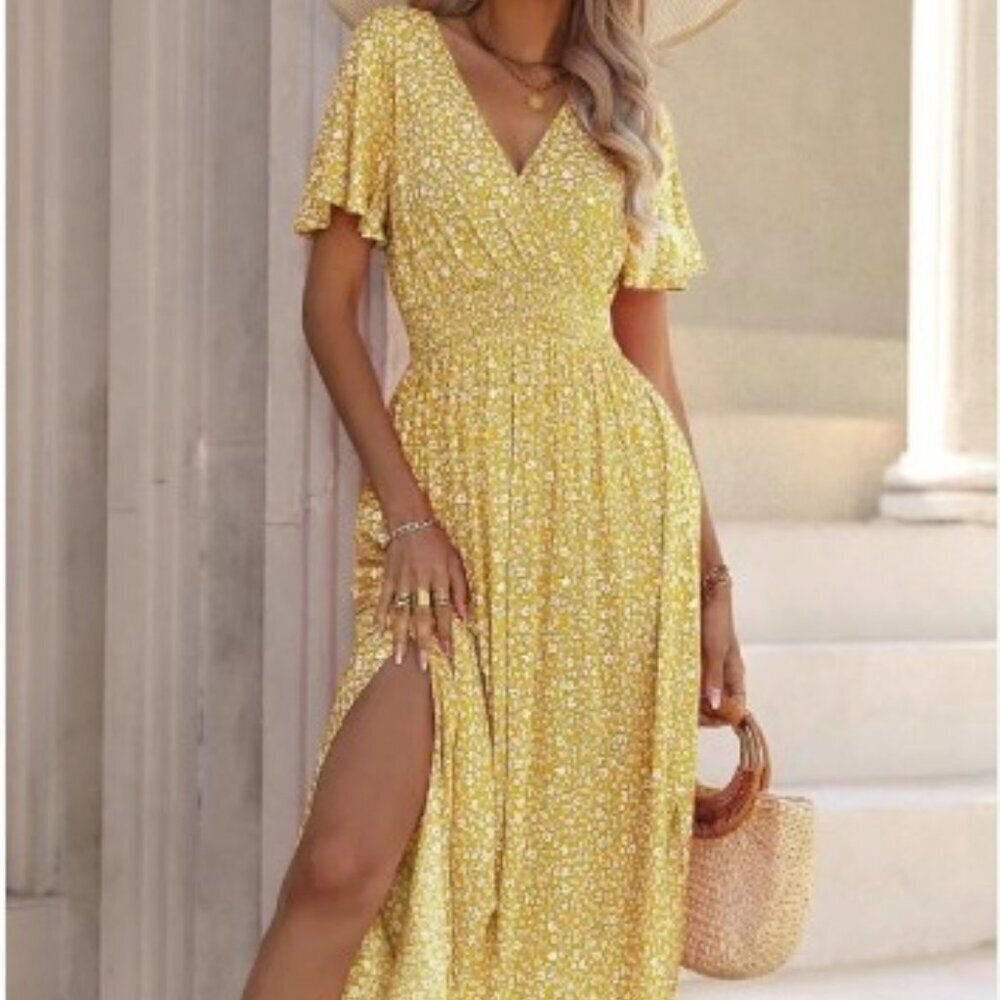 Yellow Floral V Neck Boho Dress 4XL US 20 Like New